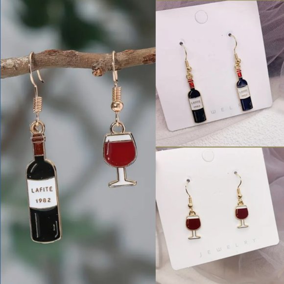 🍏50% OFF/3+...Wine Bottle and Glass Dangle Earrings - Picture 1 of 7